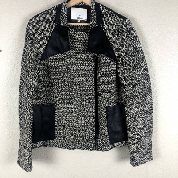 3.1 Phillip Lim Womens Blazer Jacket 10 Black Cream Wool Blend Leather Detail - Picture 1 of 12